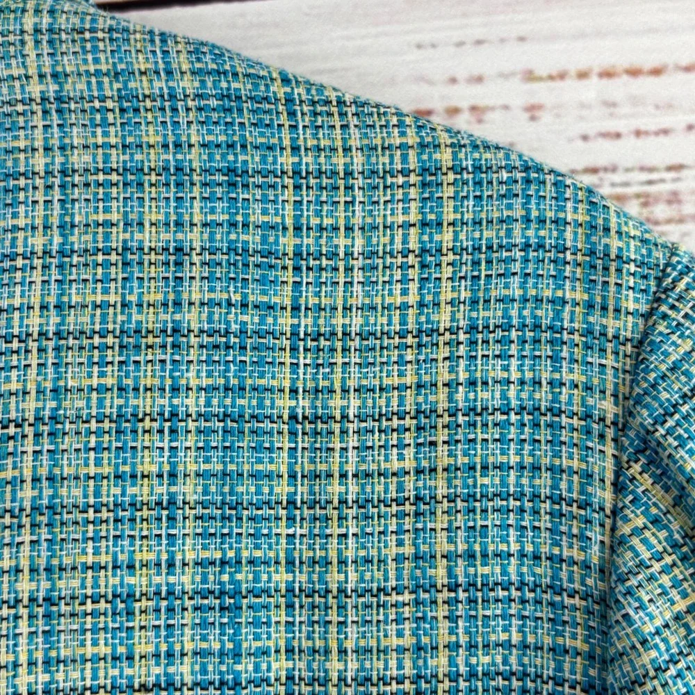 Vintage‎ Mod Coastal Grandmacore Tweed Jacket L Boxy Teal Blue Yellow Woven Poly